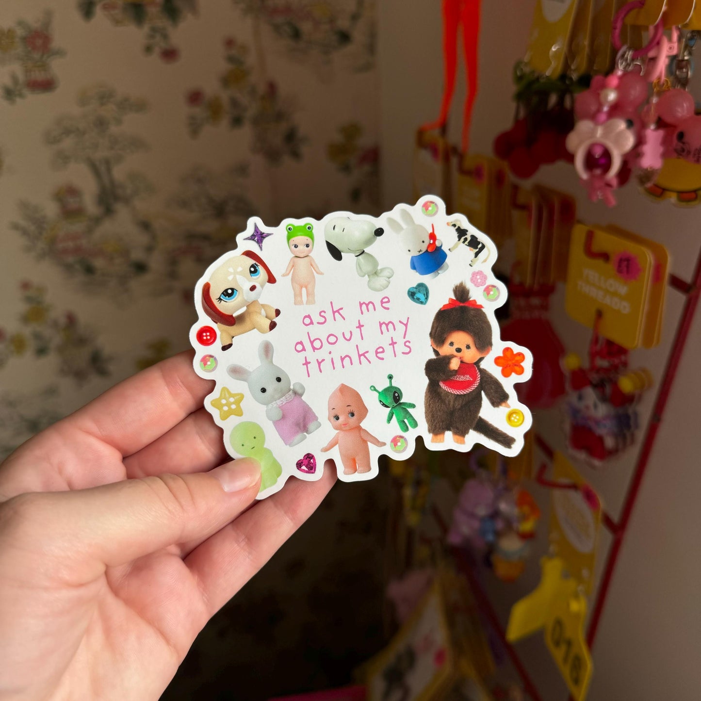 Ask me about my trinkets little guy vinyl sticker