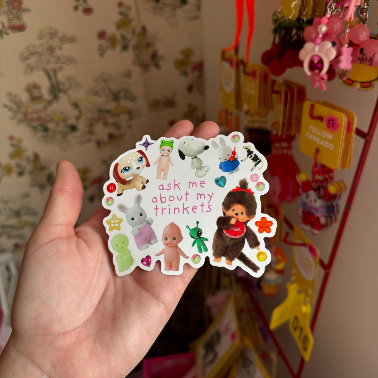 Ask me about my trinkets little guy vinyl sticker