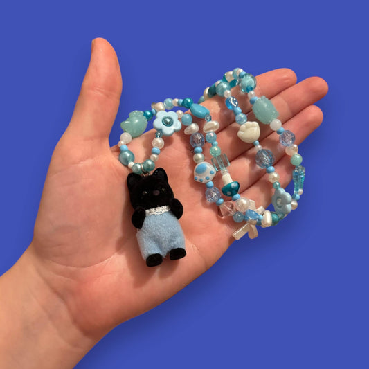 Critter Bead Necklace - Blue bead Black Cat