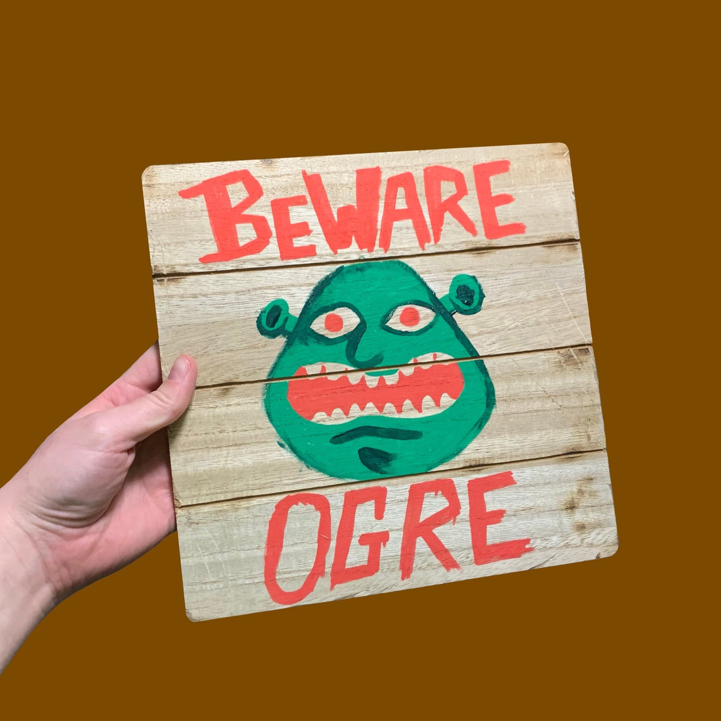 Shrek Beware Ogre painting on wooden plaque wall hanging handmade